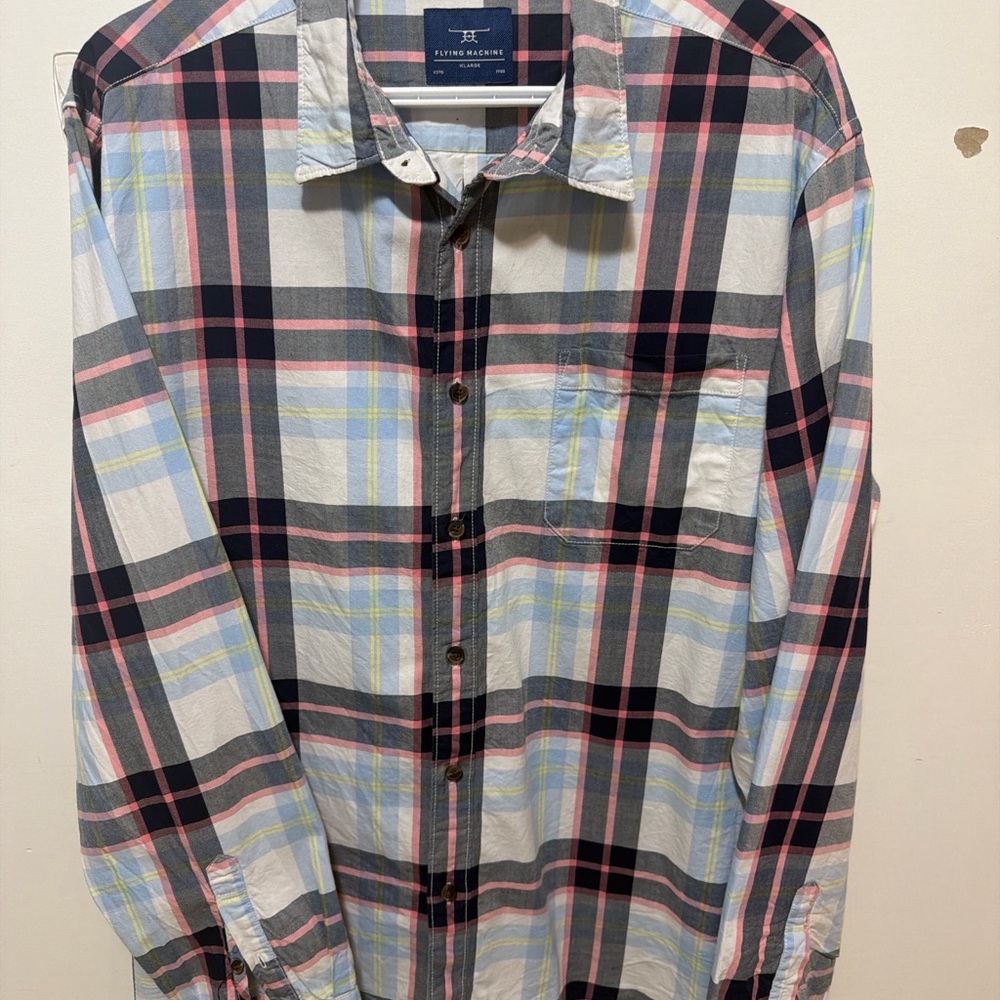 Flying Machine Men's Plaid Button-Down Shirt in Navy, Pink & Light Blue